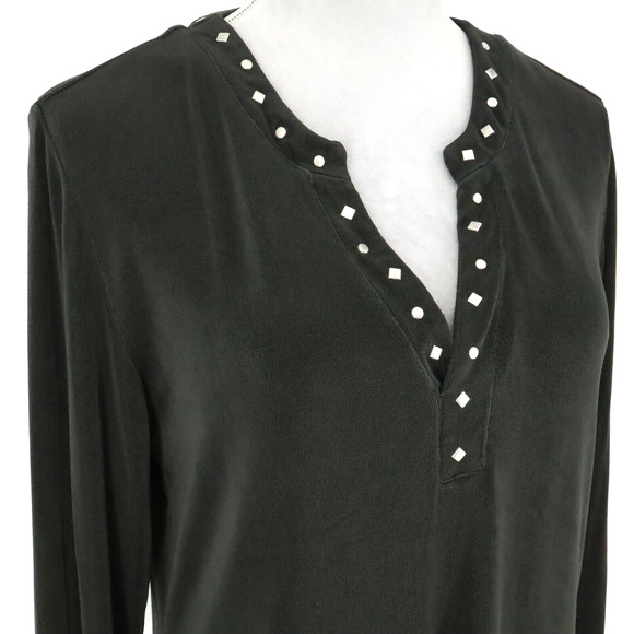 Chicos Travelers Top 2 Womens Large 12 Dark Gray Blouse Studs Slinky Career - Picture 7 of 12